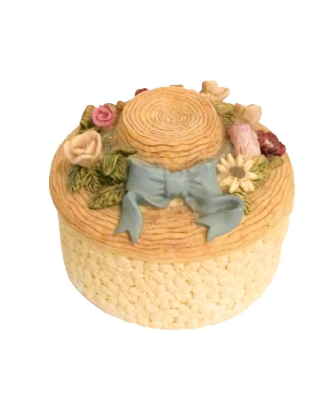 Vintage Dezine Trinket Box Round Hand Painted Hat with Flowers & Bow